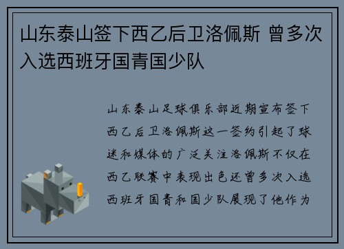 山东泰山签下西乙后卫洛佩斯 曾多次入选西班牙国青国少队