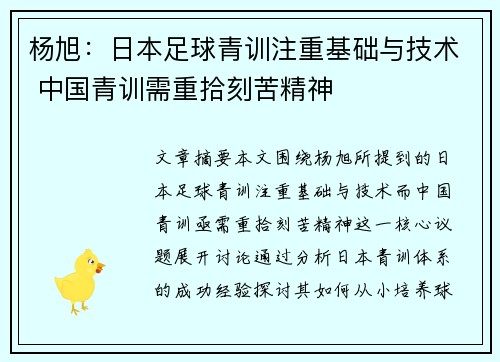杨旭：日本足球青训注重基础与技术 中国青训需重拾刻苦精神
