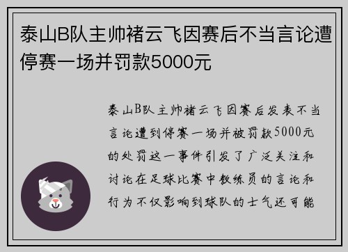 泰山B队主帅褚云飞因赛后不当言论遭停赛一场并罚款5000元
