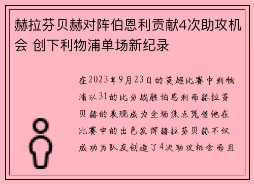赫拉芬贝赫对阵伯恩利贡献4次助攻机会 创下利物浦单场新纪录